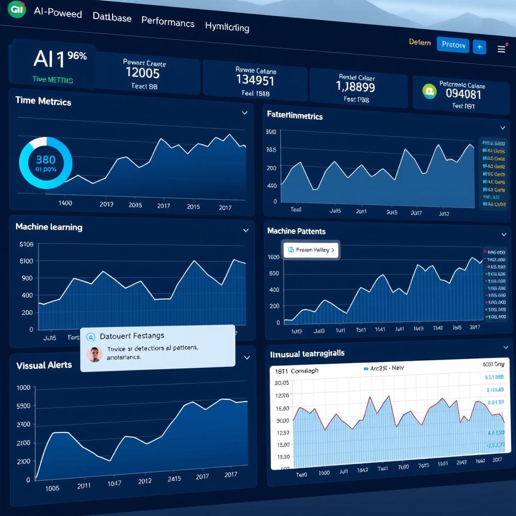AI-powered dashboard monitoring database performance metrics with anomaly detection highlighting potential issues