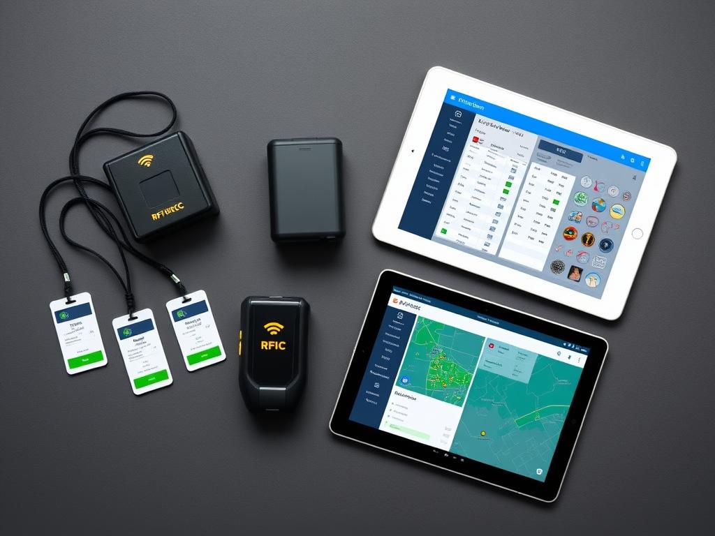 Components of RFID based employee tracking system showing software, tags and readers Components of RFID based employee tracking system showing software, tags and readers