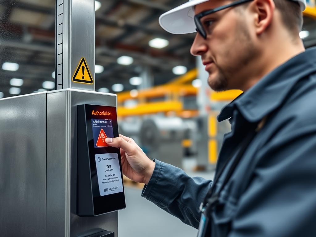 Employee wearing RFID badge accessing restricted area with RFID reader Employee wearing RFID badge accessing restricted area with RFID reader