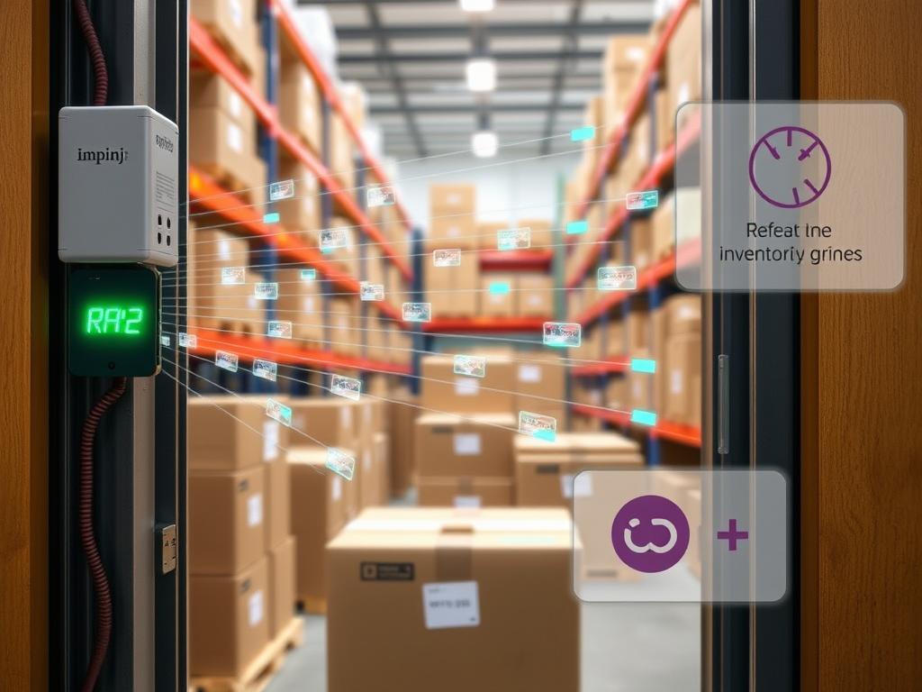 Impinj RFID reader scanning multiple tagged items simultaneously in an Odoo-powered warehouse Impinj RFID reader scanning multiple tagged items simultaneously in an Odoo-powered warehouse