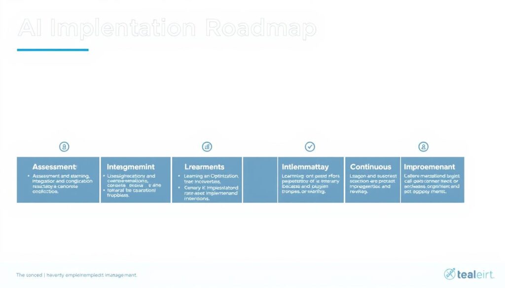 Implementation roadmap for AI database management showing assessment, integration, learning, and continuous improvement phases