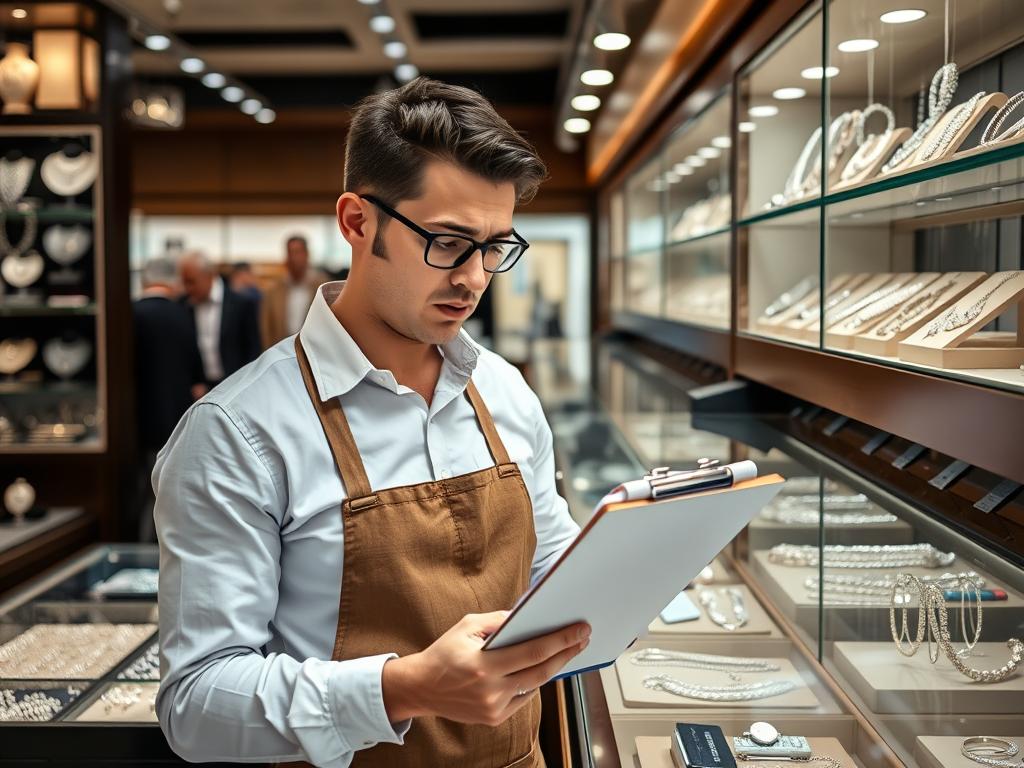 Jewelry-store-employee-struggling-with-manual-inventory-counting Jewelry store employee struggling with manual inventory counting