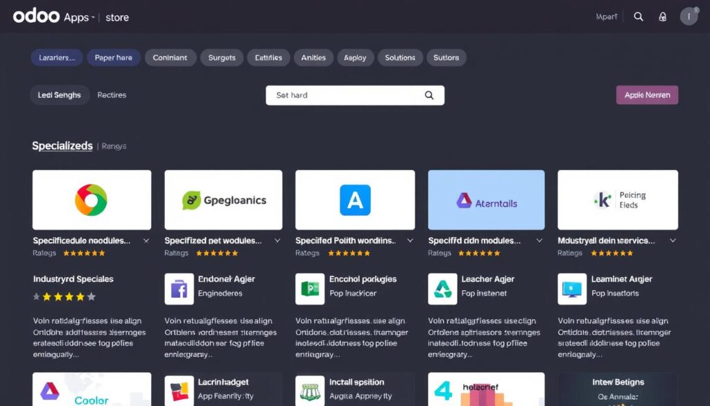 Odoo Apps Store showing various specialized modules Odoo Apps Store showing various specialized modules